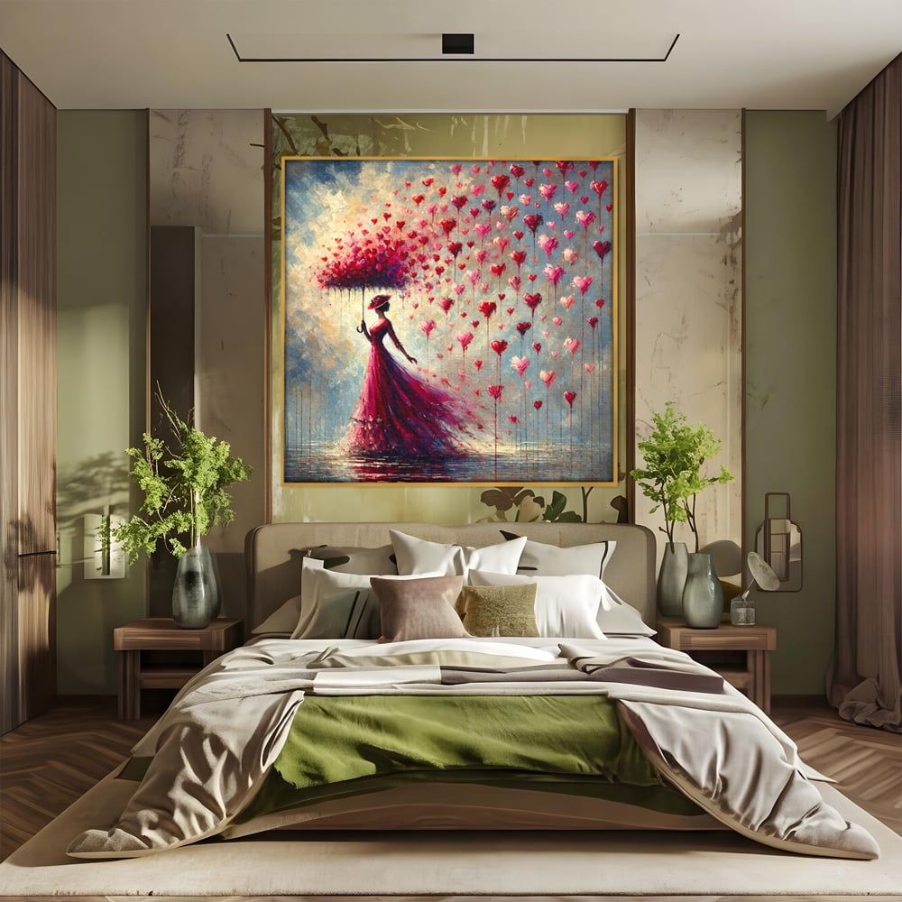 Tablou canvas cu tablou canvas cu femeie in rochie rosie, in rama de aluminiu auriu, pe perete intr-un dormitor
